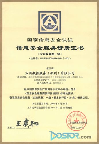 gds荣获国内第一份灾难恢复类信息安全服务资质